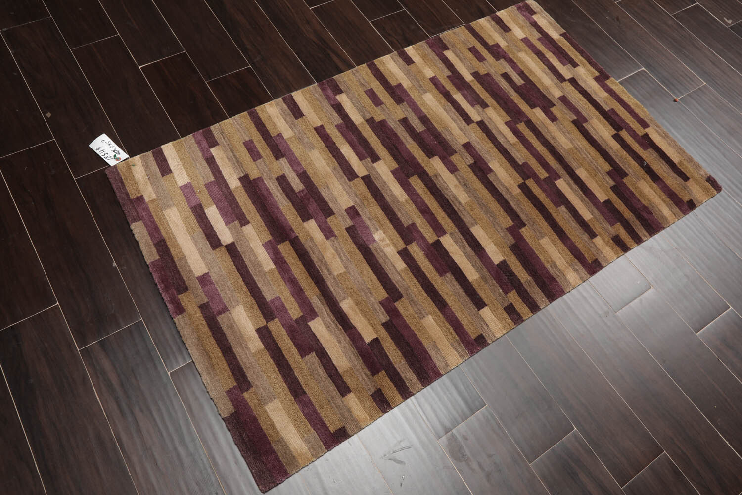 3’x5’2″ Aubergine Hand Knotted Tibetan Contemporary Striped Wool & Silk Area Rug