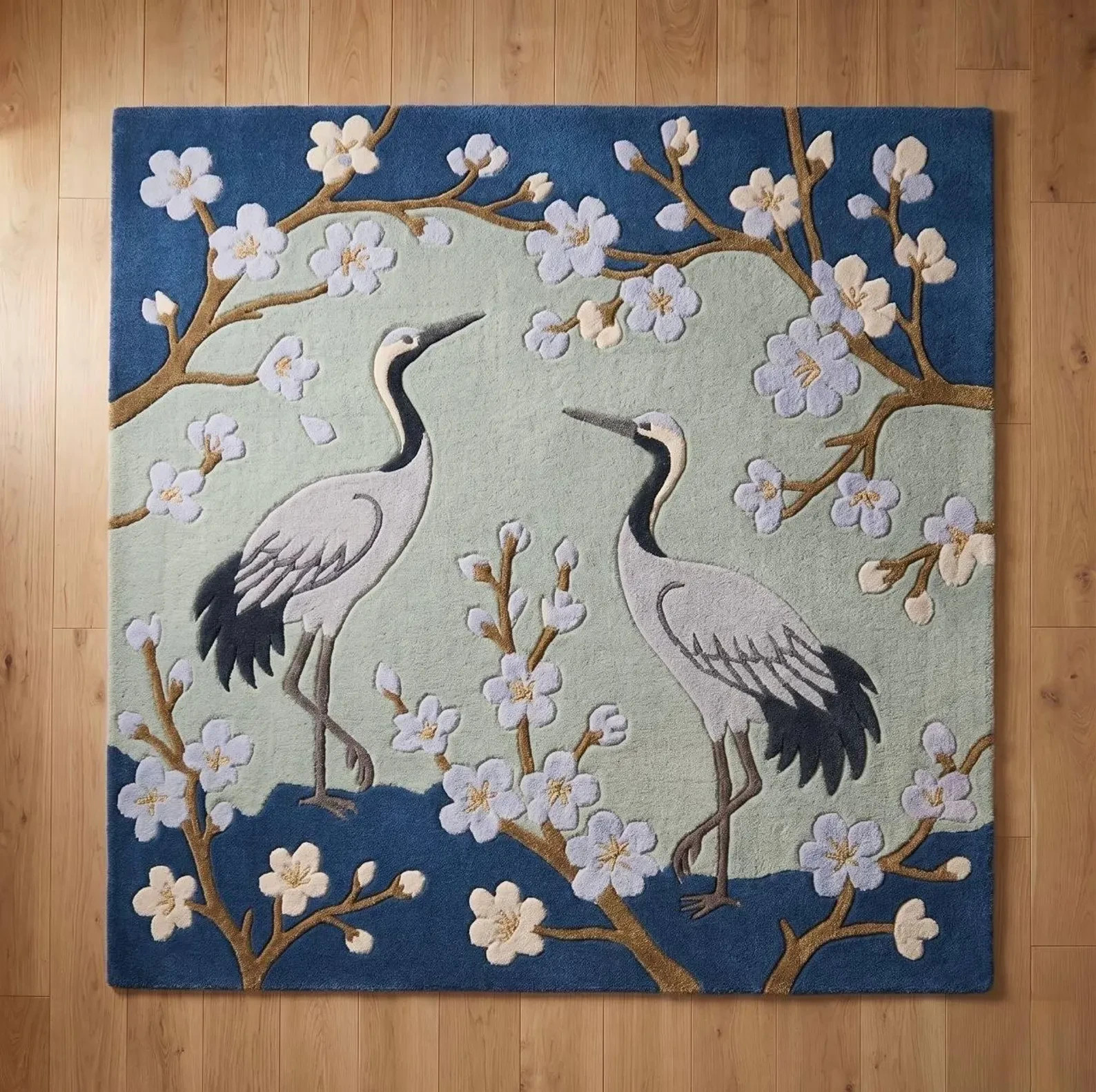Luxury Hand Tufted Wool Rug Contemporary Area Emerald Green Chinoiserie Crane