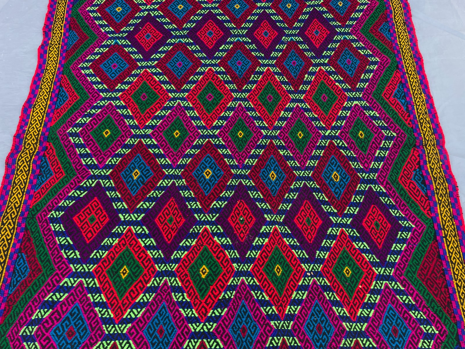 4×5 Bright Uzbek Soumak Rug Handwoven Tribal Geometric Flatweave Carpet.