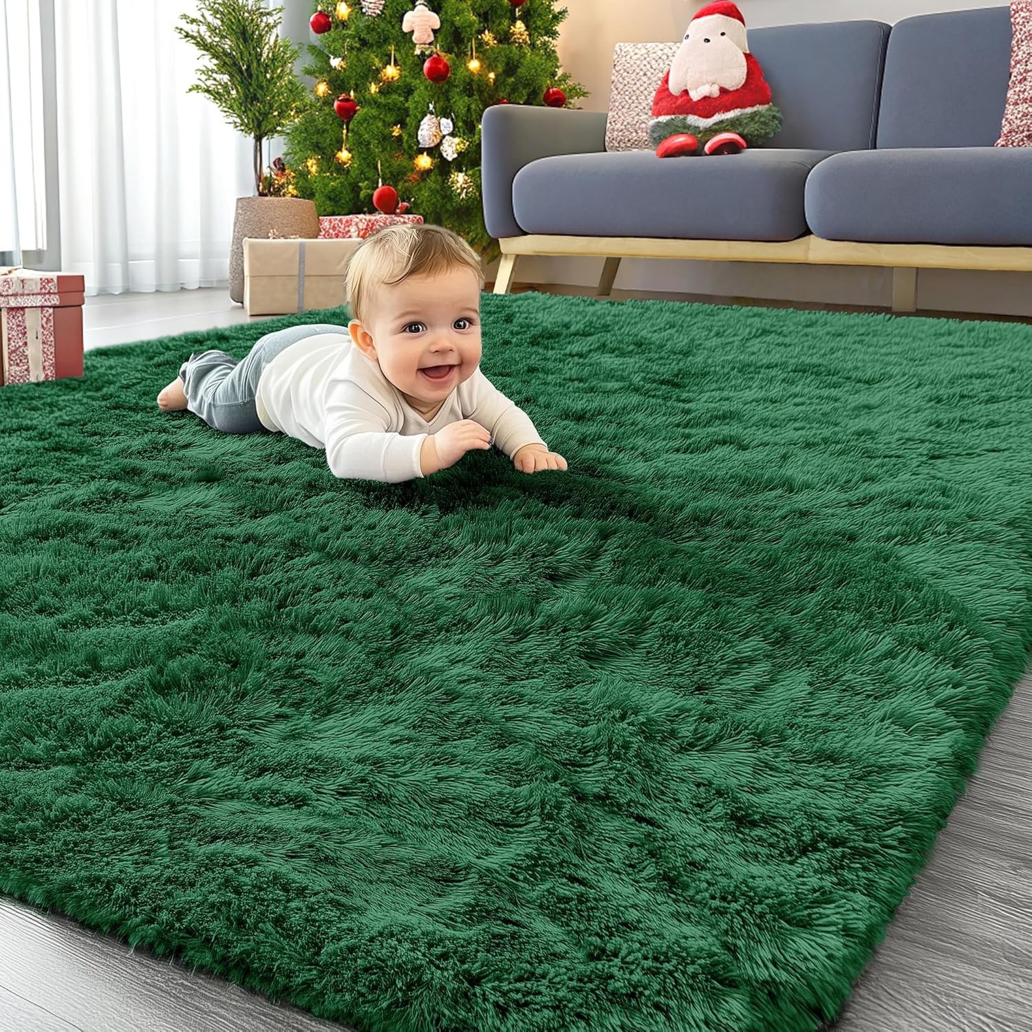 Fluffy Area Rugs Large Dark Green Shaggy Carpet for Living Room & Bedroom Floor