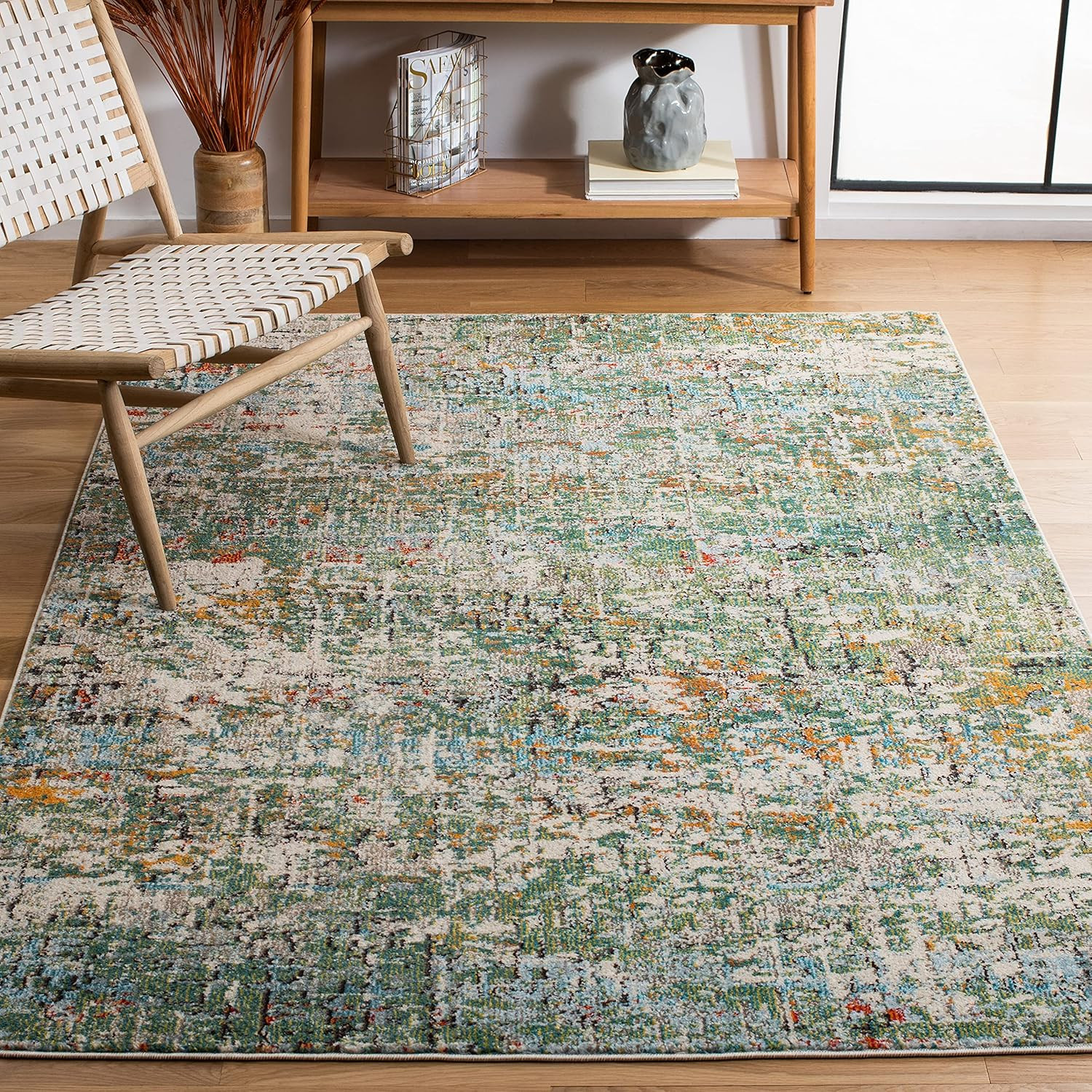 Madision 5′ Square Area Rug – Green & Turquoise Modern Abstract, Easy Care