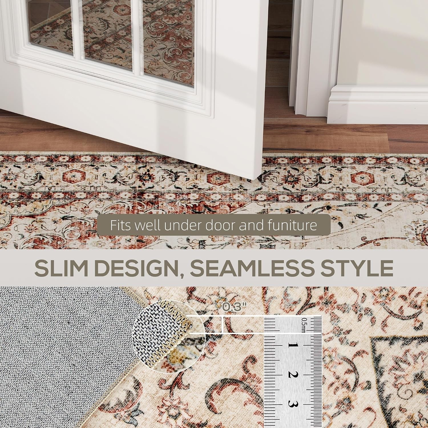 Cozy Low Pile 5′ x 7′ Area Rug – Non-Slip & Floral Vintage Bohemian Style