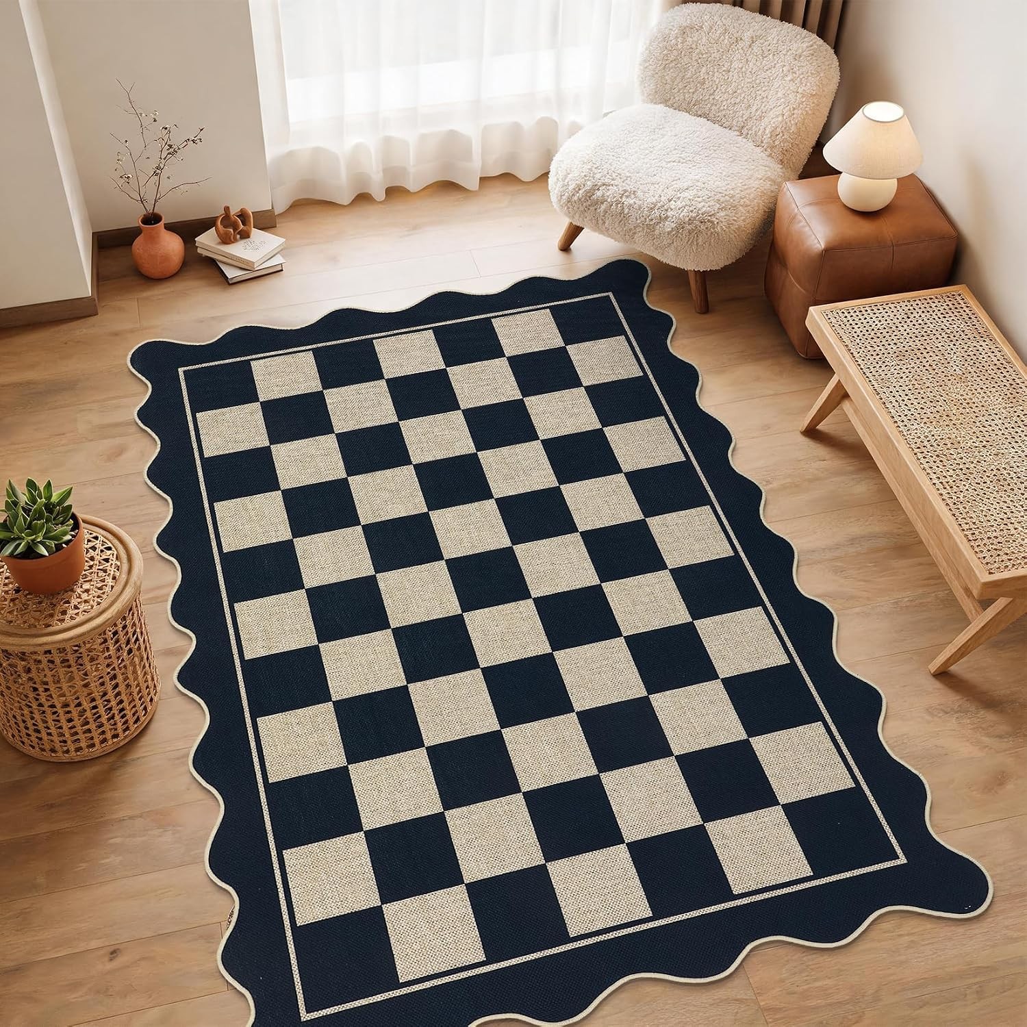 Scalloped Checkerboard Coffee Jute 2×6 in Runner Rug Washable Living Room Patio