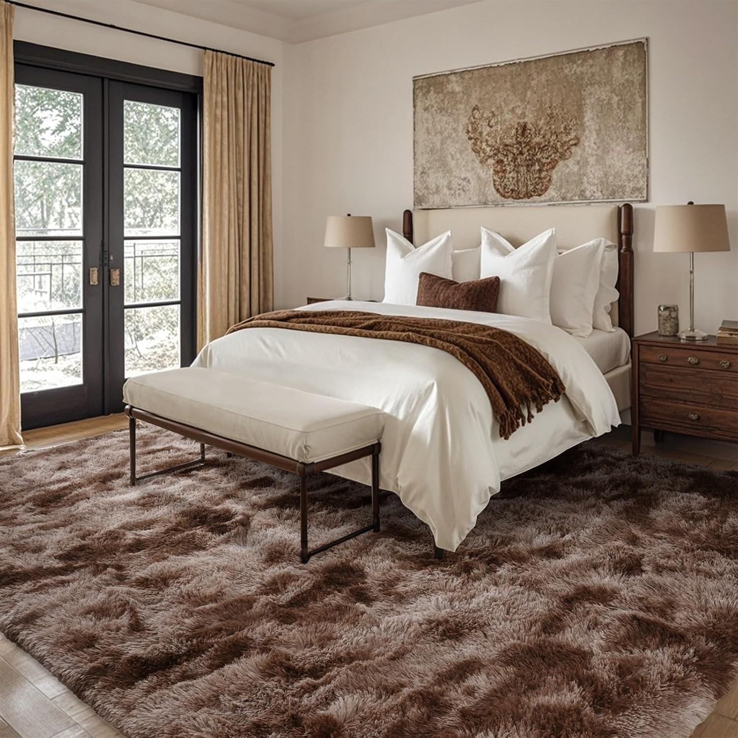 10X14 Ft Extra Large Shag Brown Area Rug for Living Room, Tie-Dyed Ultra Soft Fl
