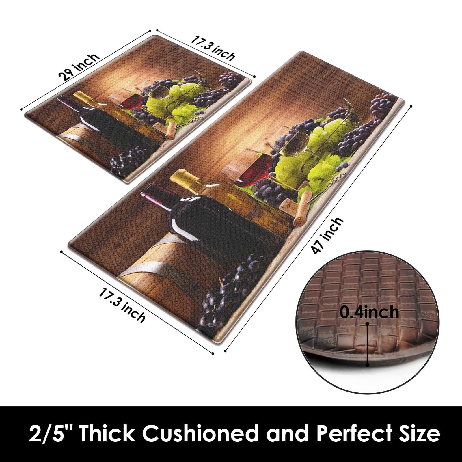 Arttown Red Rose Wine Wooden Anti-Fatigue Kitchen Rug Set 2 Fruit Summer
