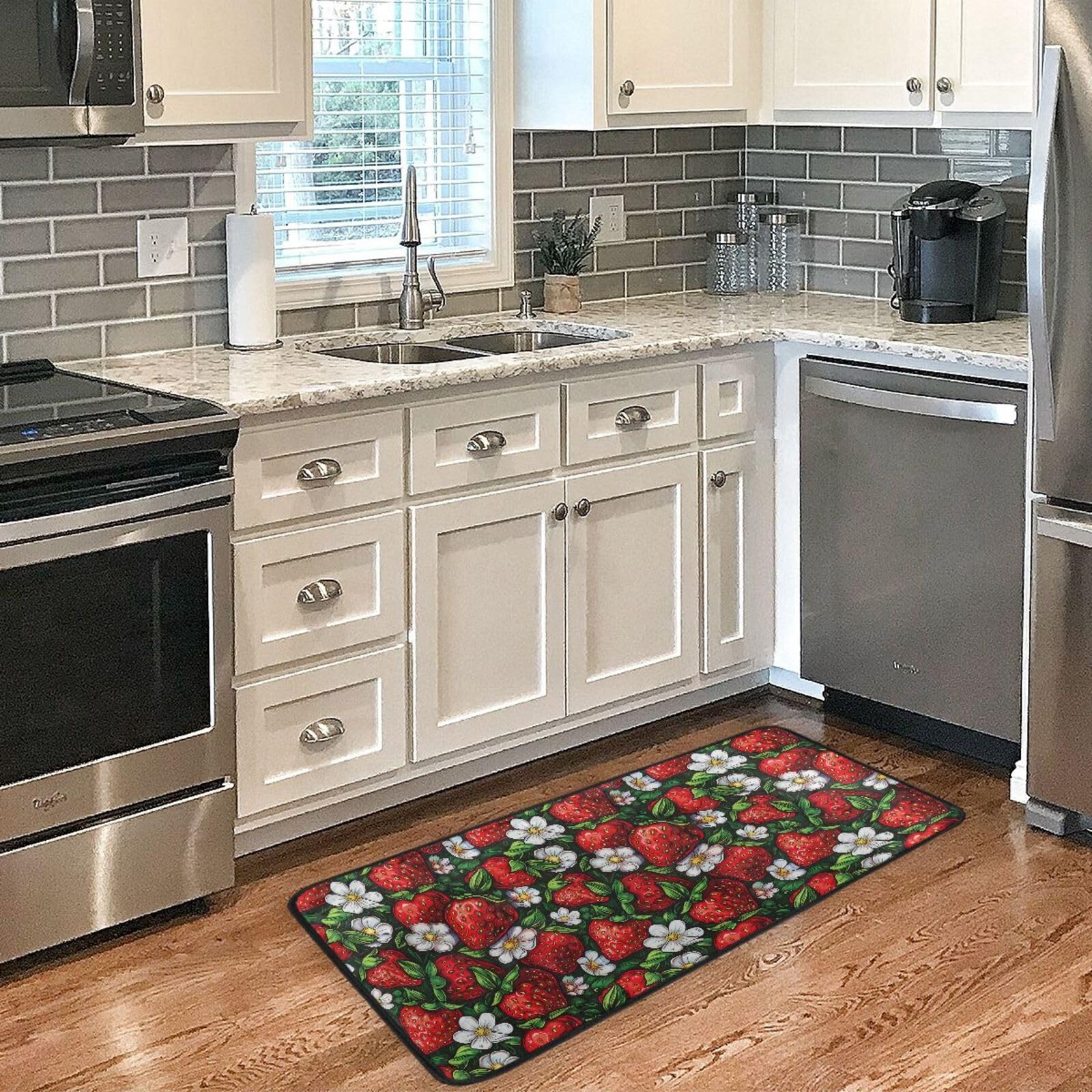 Kitchen Mats, Cute Strawberry Cherry and Flower Floor Mat for Kitchen, Bathro…