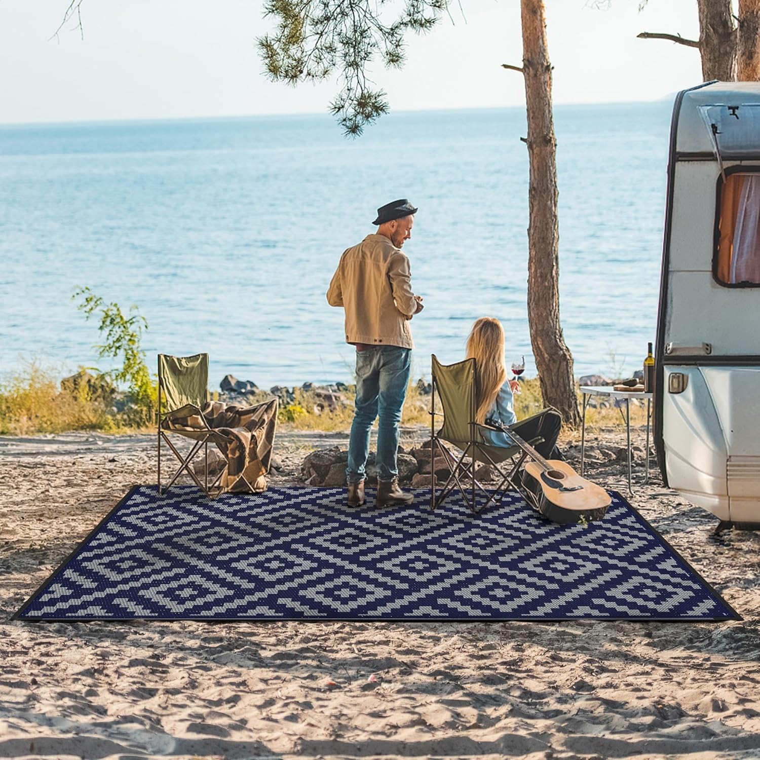 Outdoor Rug for Patio Clearance, 5’x8′ Waterproof Camping Mat, Reversible Pla…