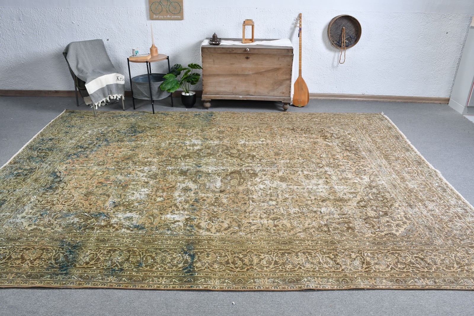Turkish Rug, 9,1×12,2 ft Oversize Vintage Rug, Brown Blue Striped Rug