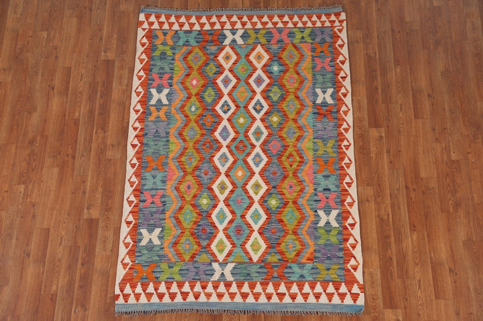 Reversible Kilim Accent Rug 4×6 Geometric Pattern Hand-woven Wool Carpet