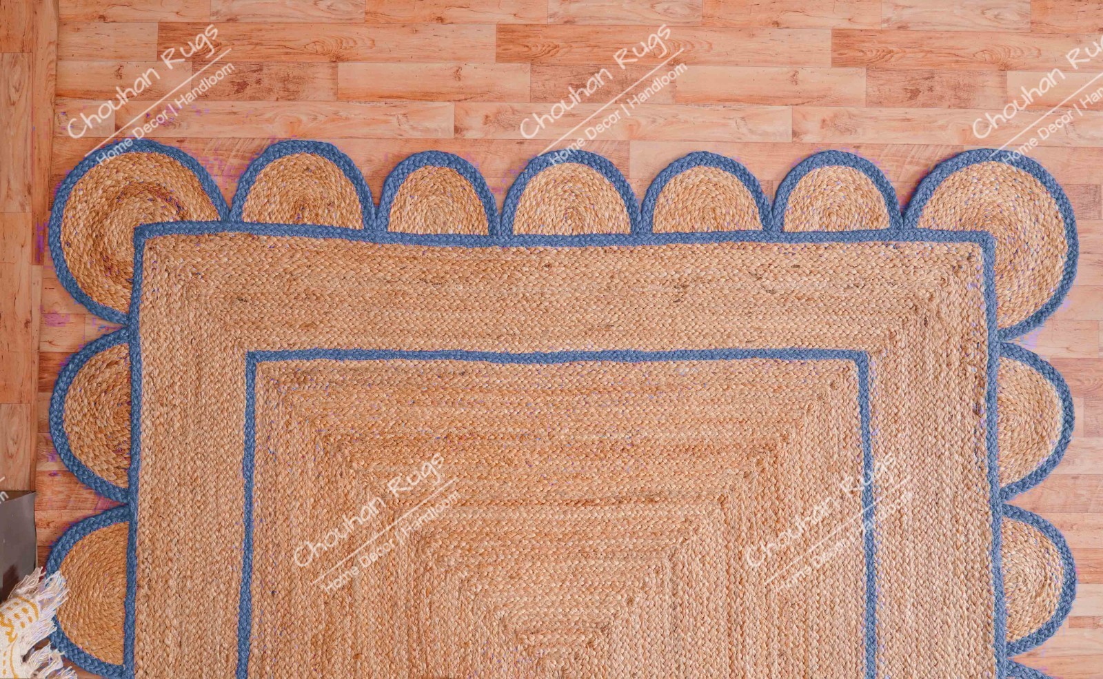 Natural scallop Jute Runner Rug 2×8 Ft Light Blue Border Boho Living area Rugs