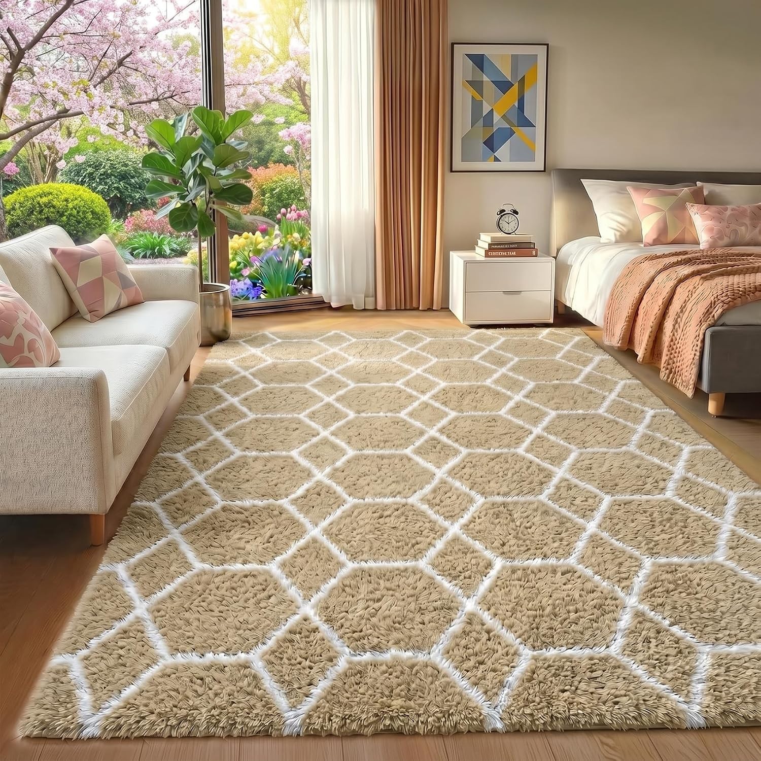 4×6 Fluffy Beige & White Geometric Area Rug: Soft, Safe & Stylish Decor!