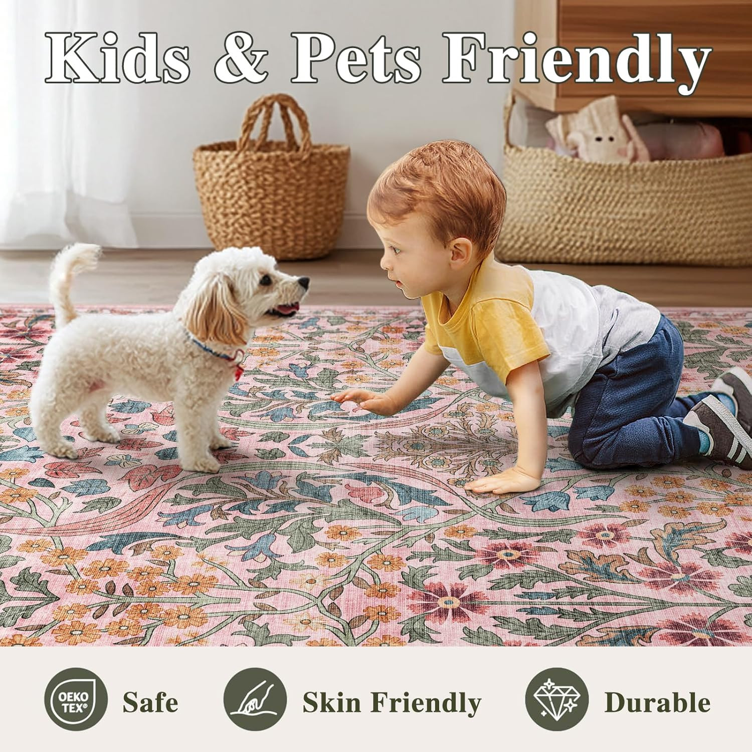 8X10 Washable Area Rug for Living Room, Floral Non-Slip Non-Shedding & Easy Care