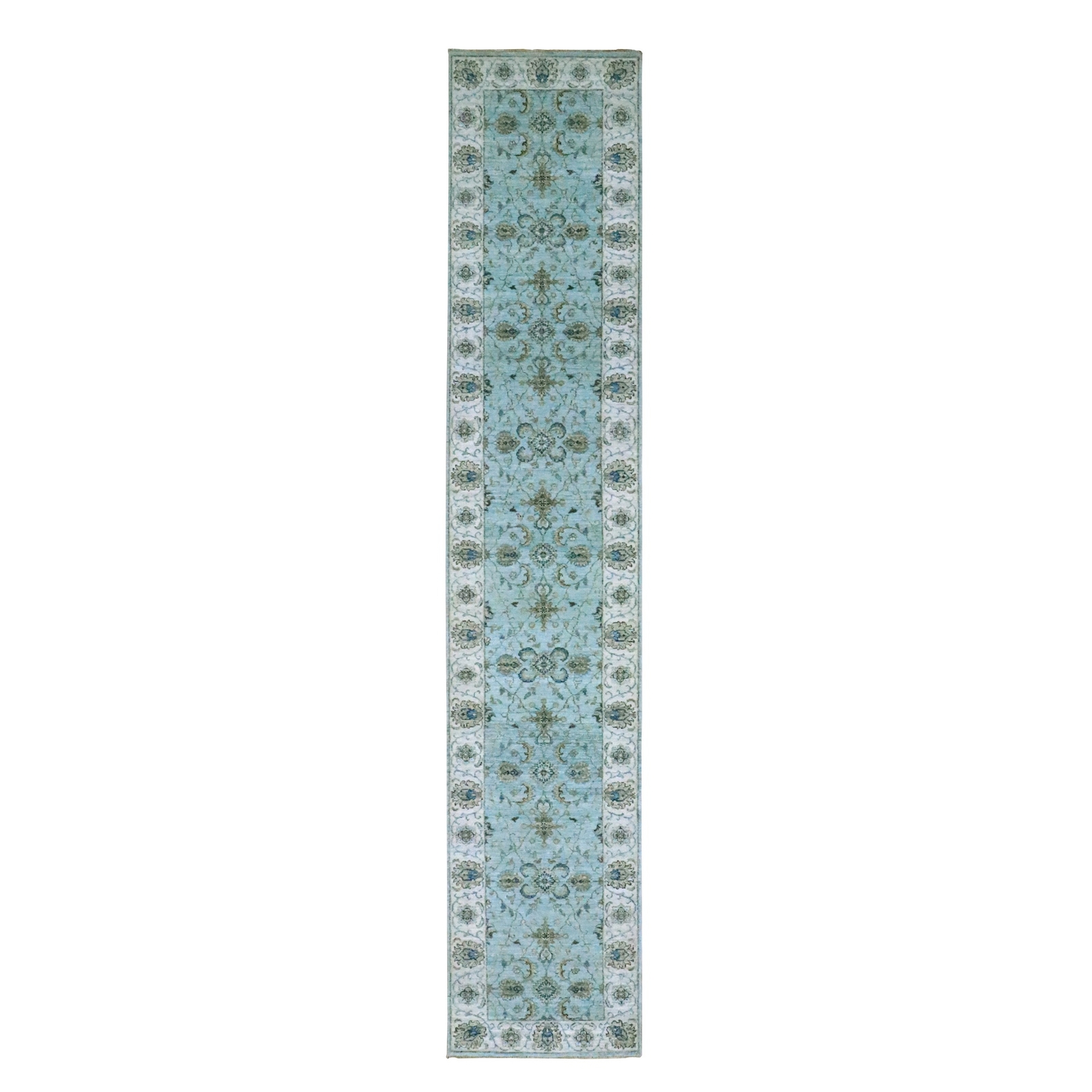 2’7″ x 14′ Sky Blue Agra Flower Vines Design Wool Hand Knotted Runner Rug R76116