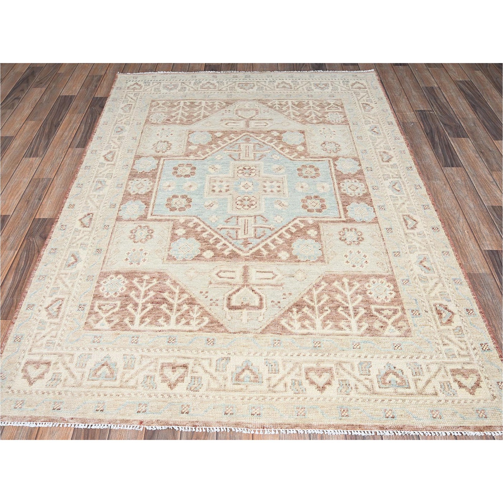 5’x6’10” Irish Brown Anatolian Village Design Hand Knotted Pure Wool Rug 2794