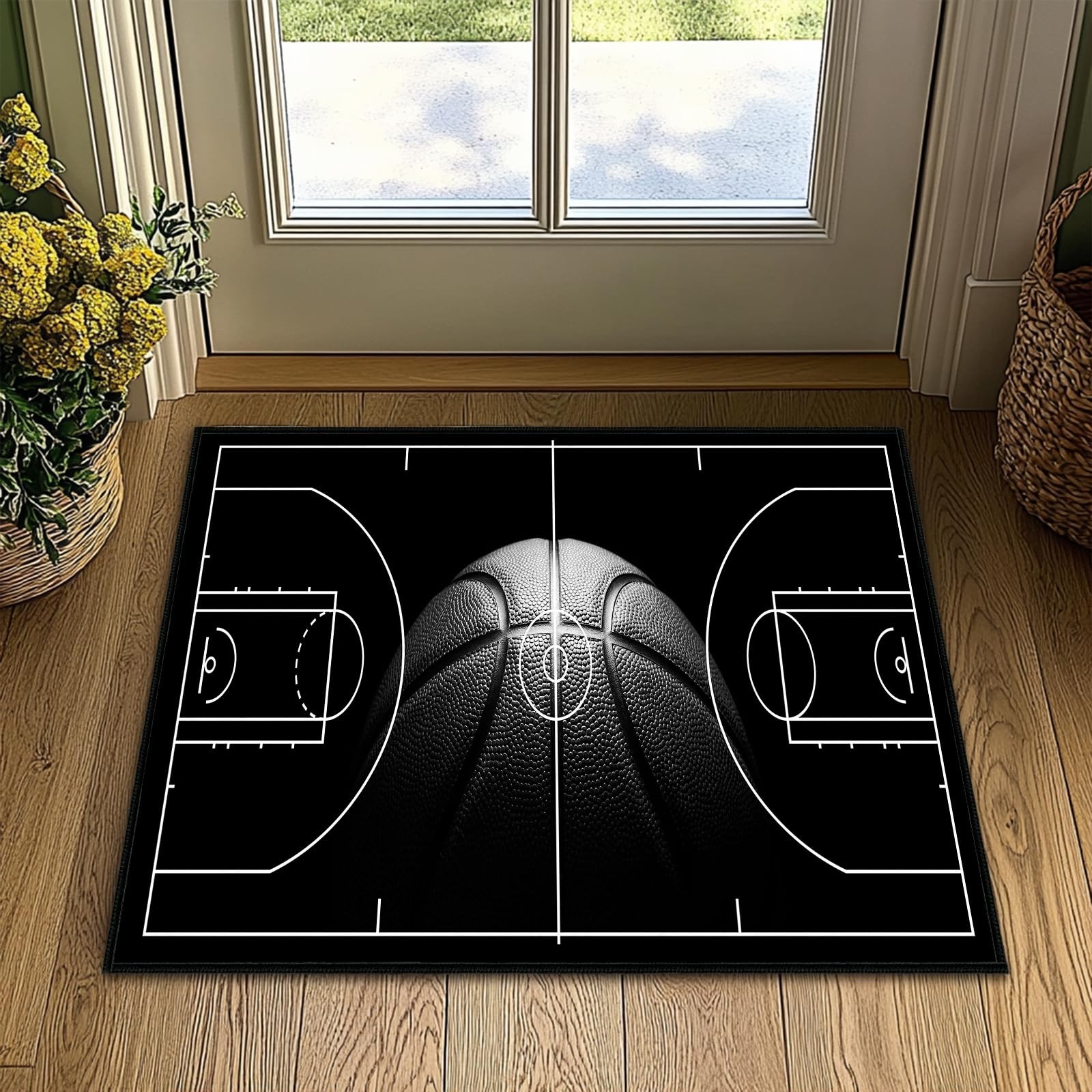 Basketball Court Area Rug 2×3 Ft Black Washable Non Slip Indoor Door Mat