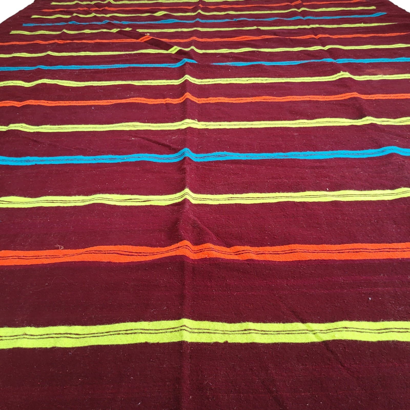 Vibrant Handmade Moroccan Rug Orange Blue Bands Yellow Berber Fringe Wool Carpet