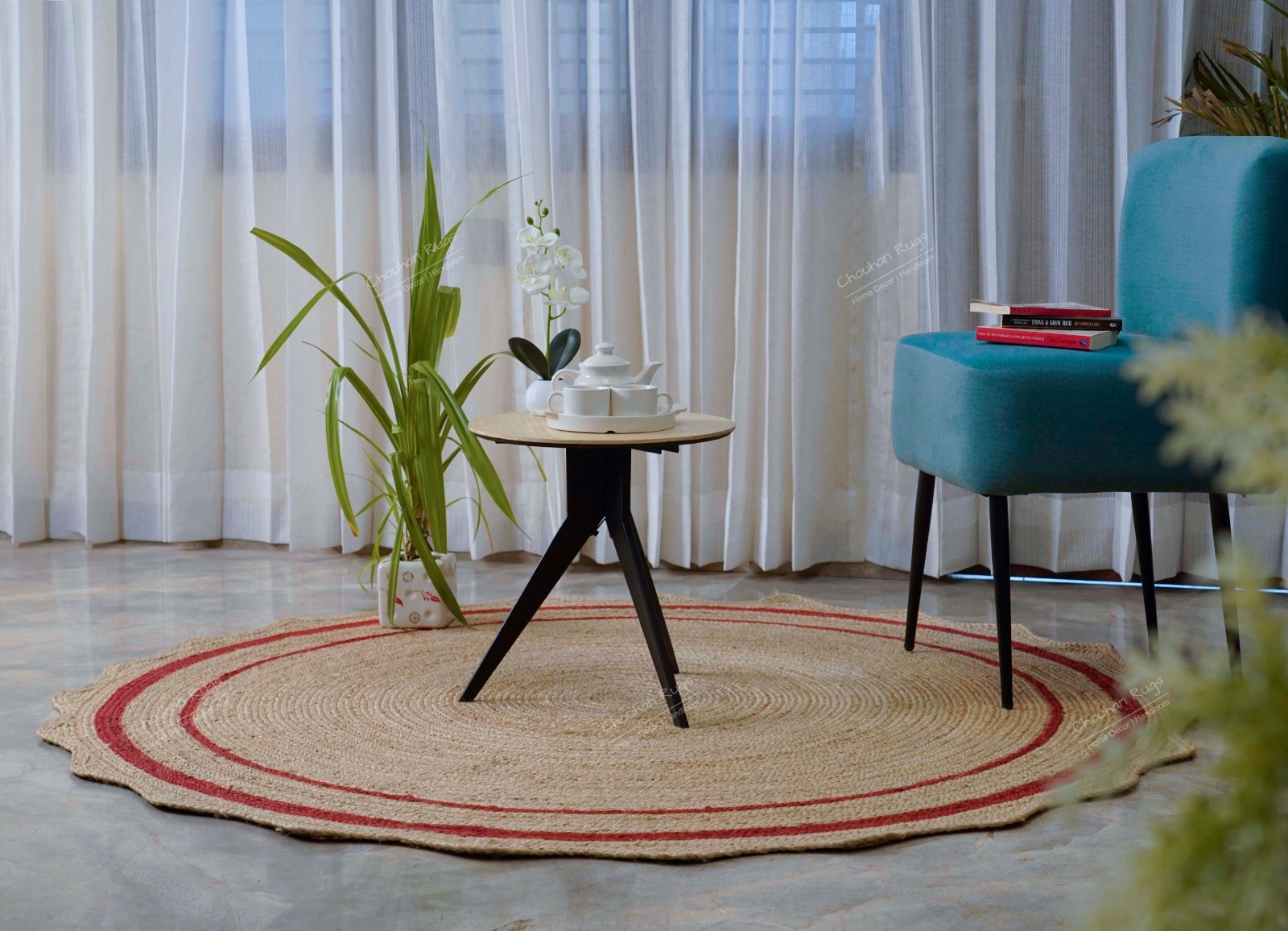 Natural Scallop Jute Rug with red border Large Area Rug for Home Decor Rag Rug