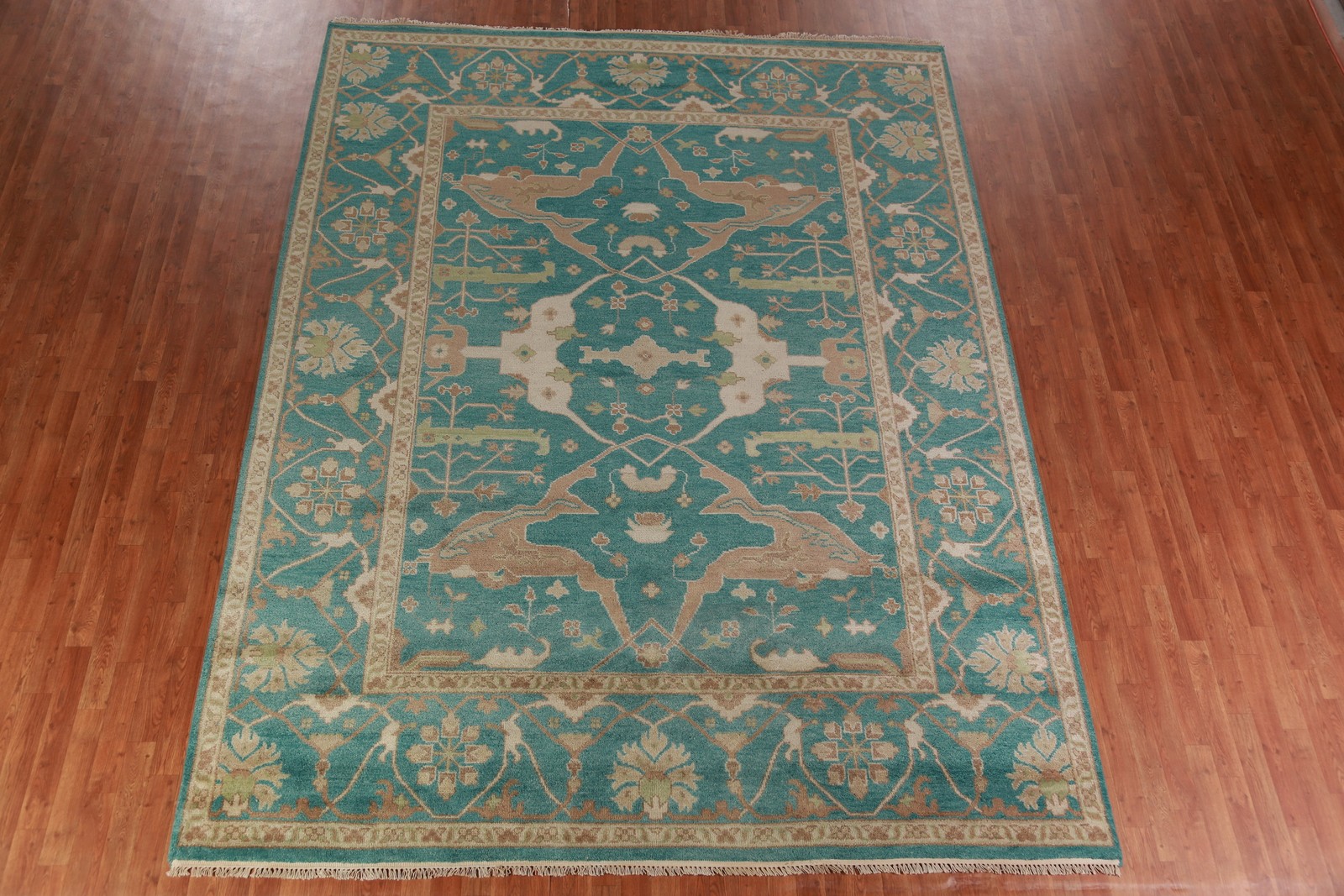 All-Over Oushak Indian Area Rug 9×12 Handmade Wool Teal Green Oriental Carpet
