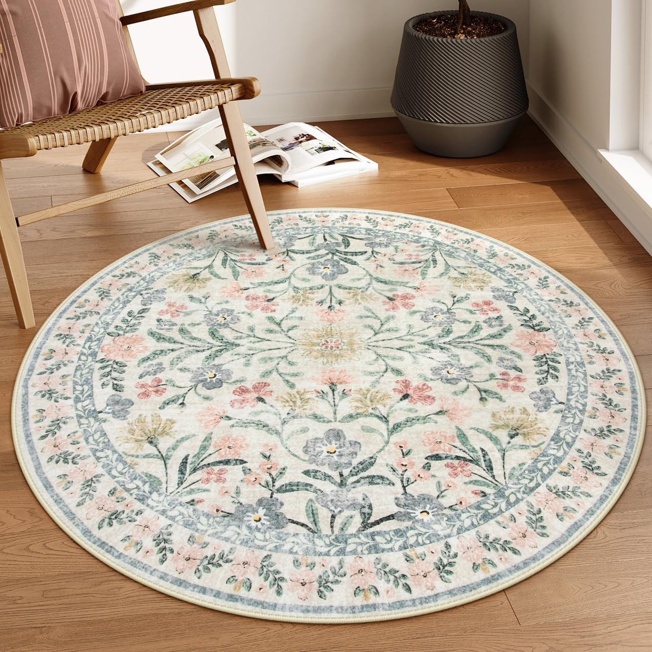 Round Boho Floral Rugs 4Ft, Cream Washable Circle Rugs for Bedroom, Vintage