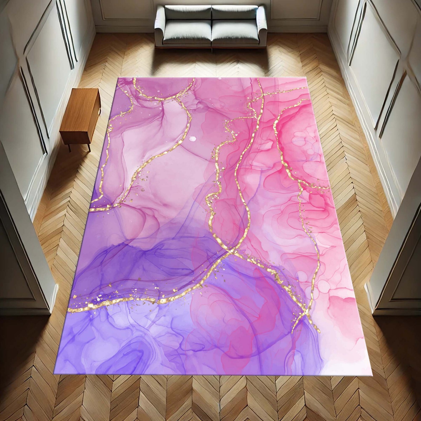 Pink Purple Marble Rug, Gold Vein Abstract Carpet, Modern Glam Room Decor