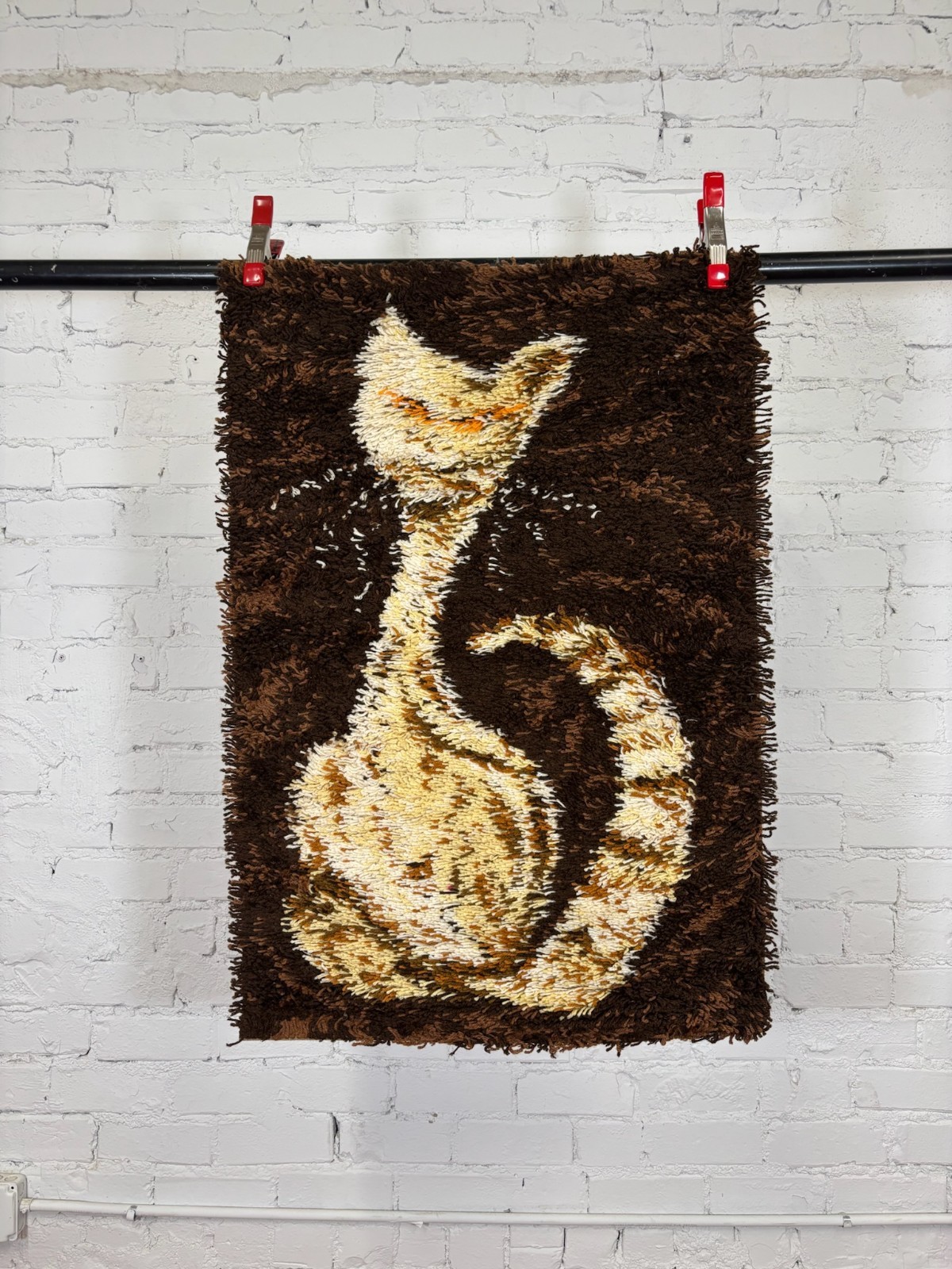 1960’s AIDA Brown Beige Cat Tapestry UNUSED Modern Mid Century Rya Rug Wool