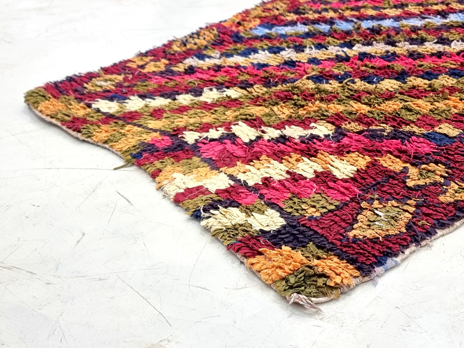 Moroccan Handmade Vintage Boucherouite2’8×9’1Berber Checker Red &Blue Cotton Rug