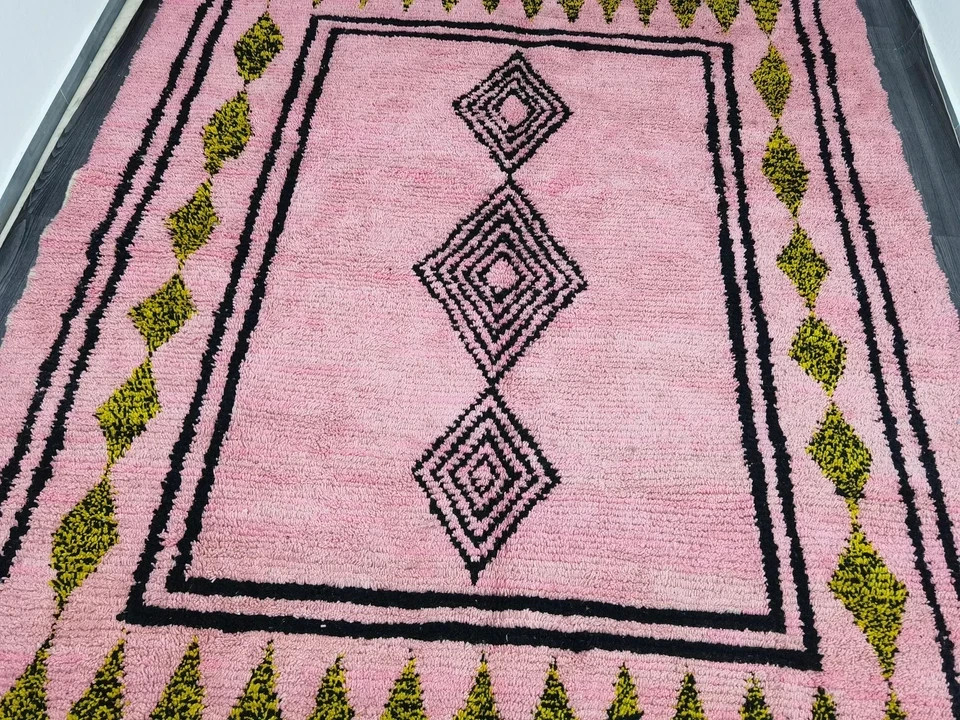 Moroccan Pink Wool Blend Rug Handmade Berber Tribal Area Carpet Tassel Rug