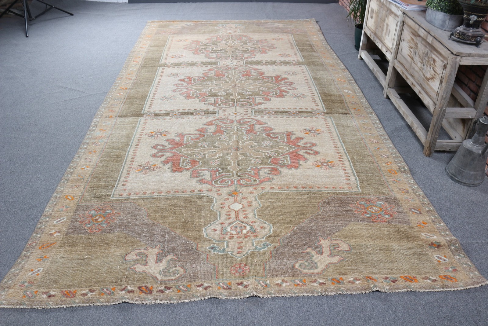 Turkish Vintage Rug 6,3×12 ft (192×367 cm), Brown Camouflage Wool Rug