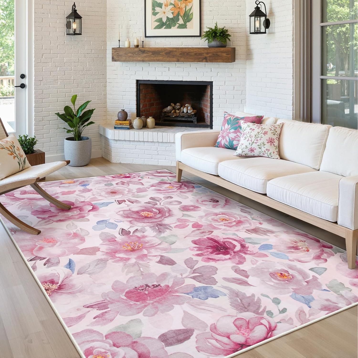 Machine Washable 5×7 Pink Floral Living Room Bedroom Rug