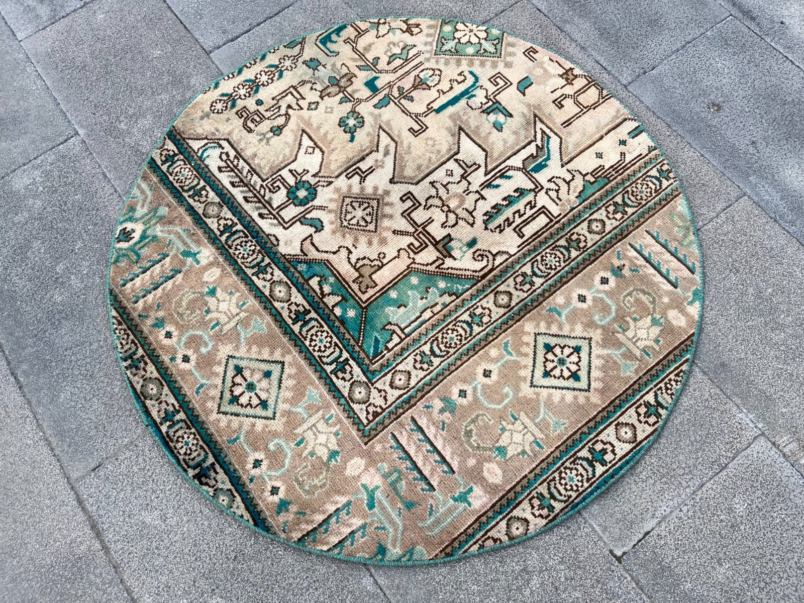 3.3 ft Round Vintage Turkish Rug Muted Turquoise Beige Circle Small Area Rug Mat