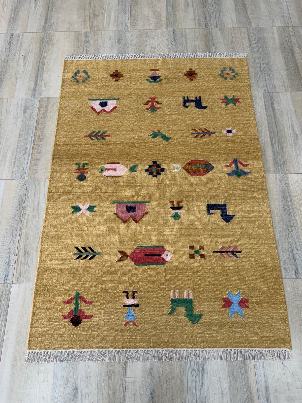 Hand Woven Wool Area Rug 4×6 Mustard Tribal Folk Art Scandinavian Kilim for Kids