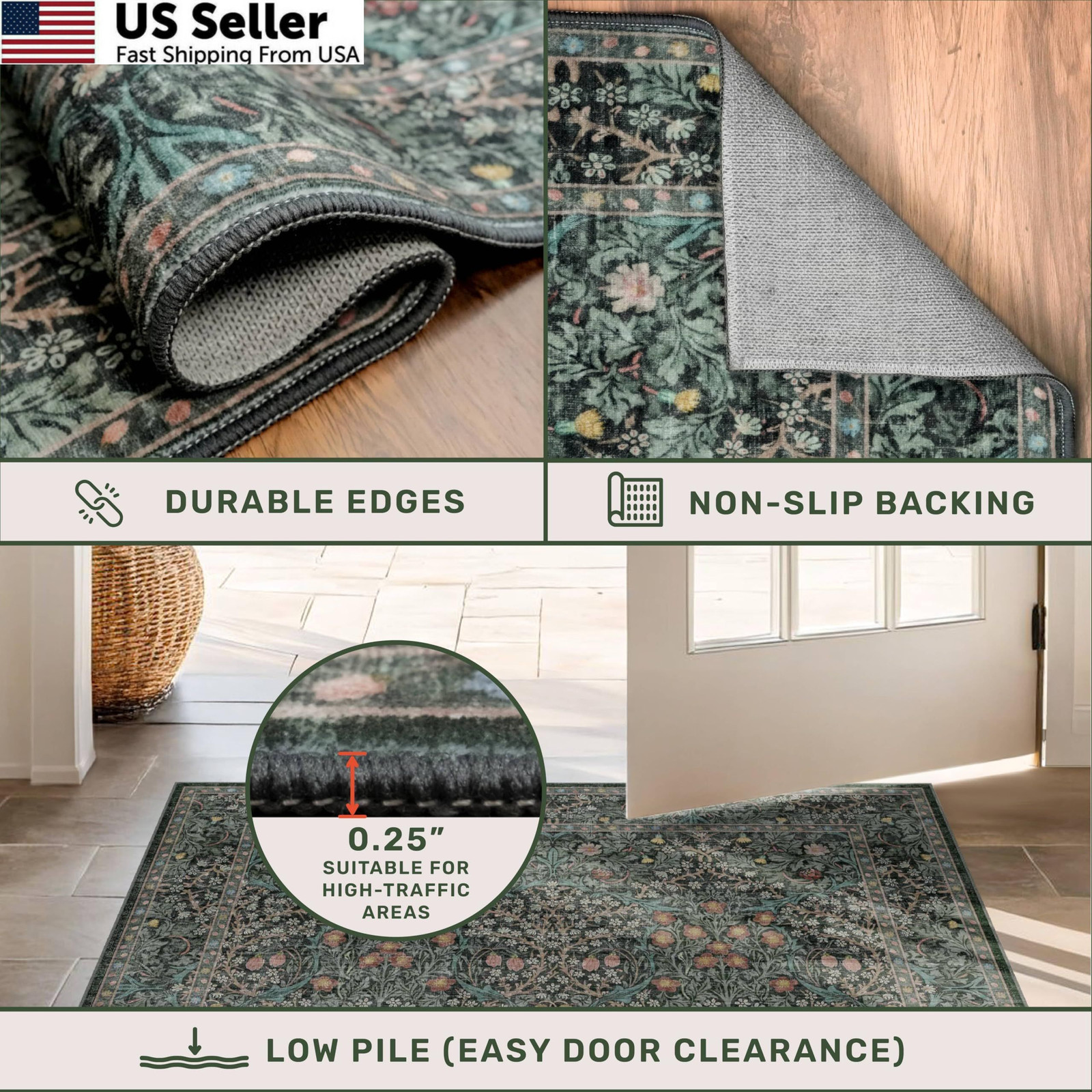 Dark Green Floral Living Room Rug 5′ x 7′ (Rectangular), / Black