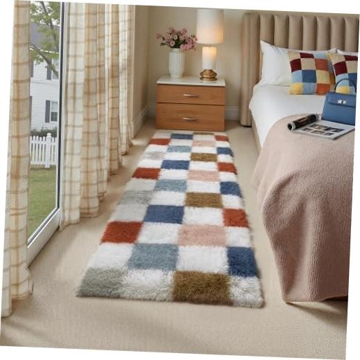 Checkered Area Rug 2×6 for Bedroom, Modern Rainbow Shag Rug Super Soft Runner