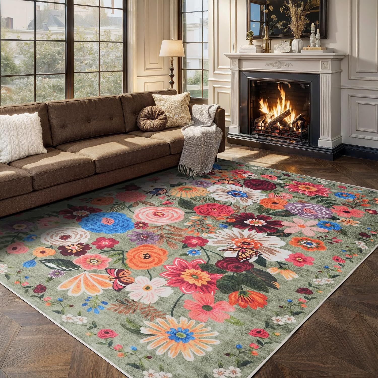 4×6 Washable Boho Floral Area Rug Non Slip Low Pile Green Carpet for Bedroom