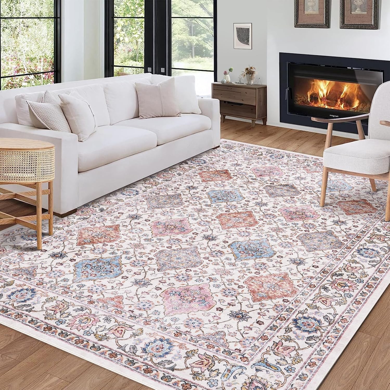 Vintage Floral Washable Rug Foldable Thin Soft Low Pile Non Slip Floor Mat