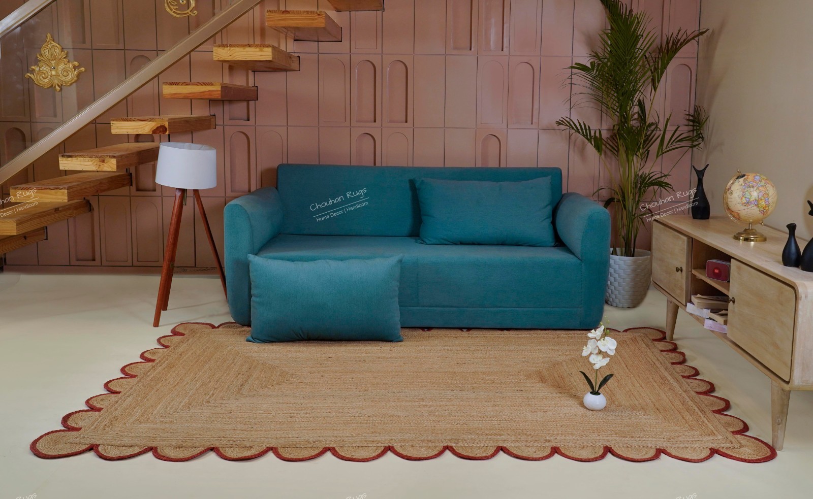 Wavy Edge solid natural jute rug with red border home and Living area rugs