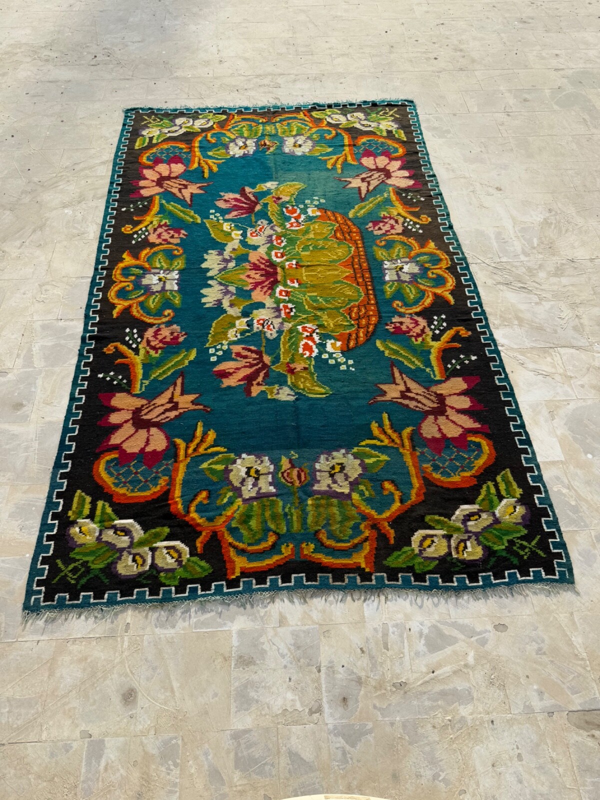 Vintage Stunning Hand Woven Romanian Wool Weaving Tapestry Kilim Rug 324×193 Cm