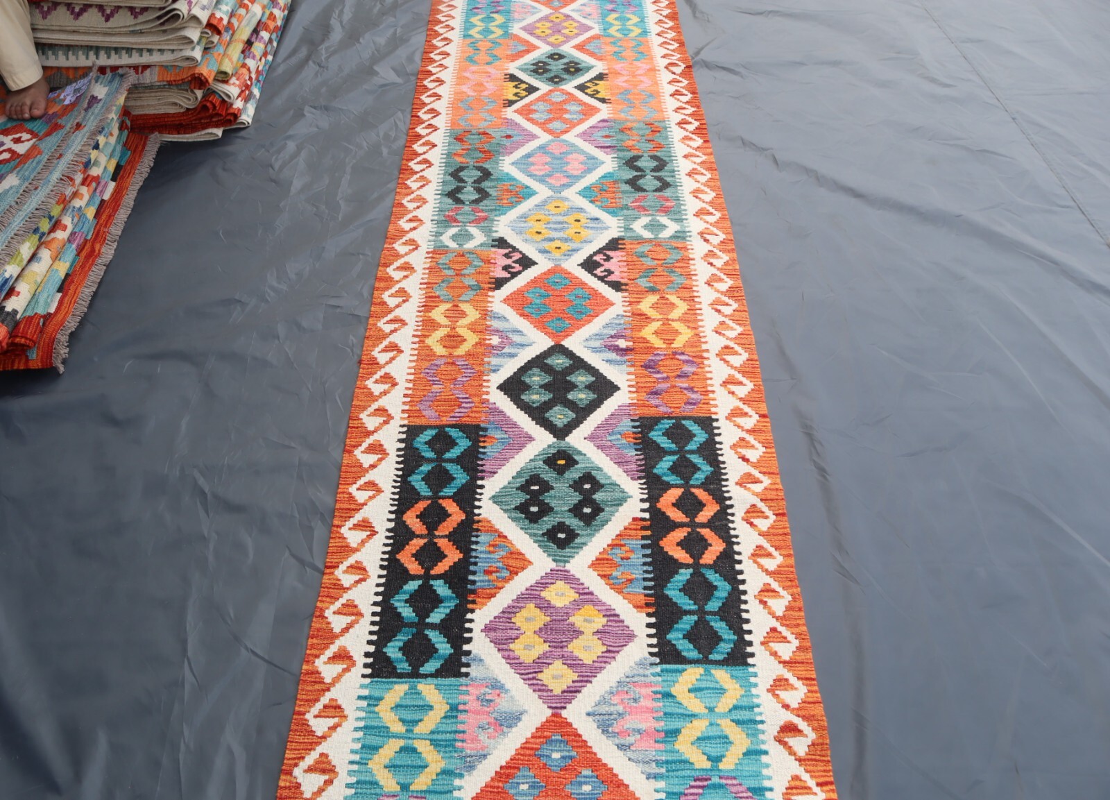Afghan Handwoven Runner Rug 2’8×9’5 ft, Rich Purple Turquoise Kilim Hallway Rug