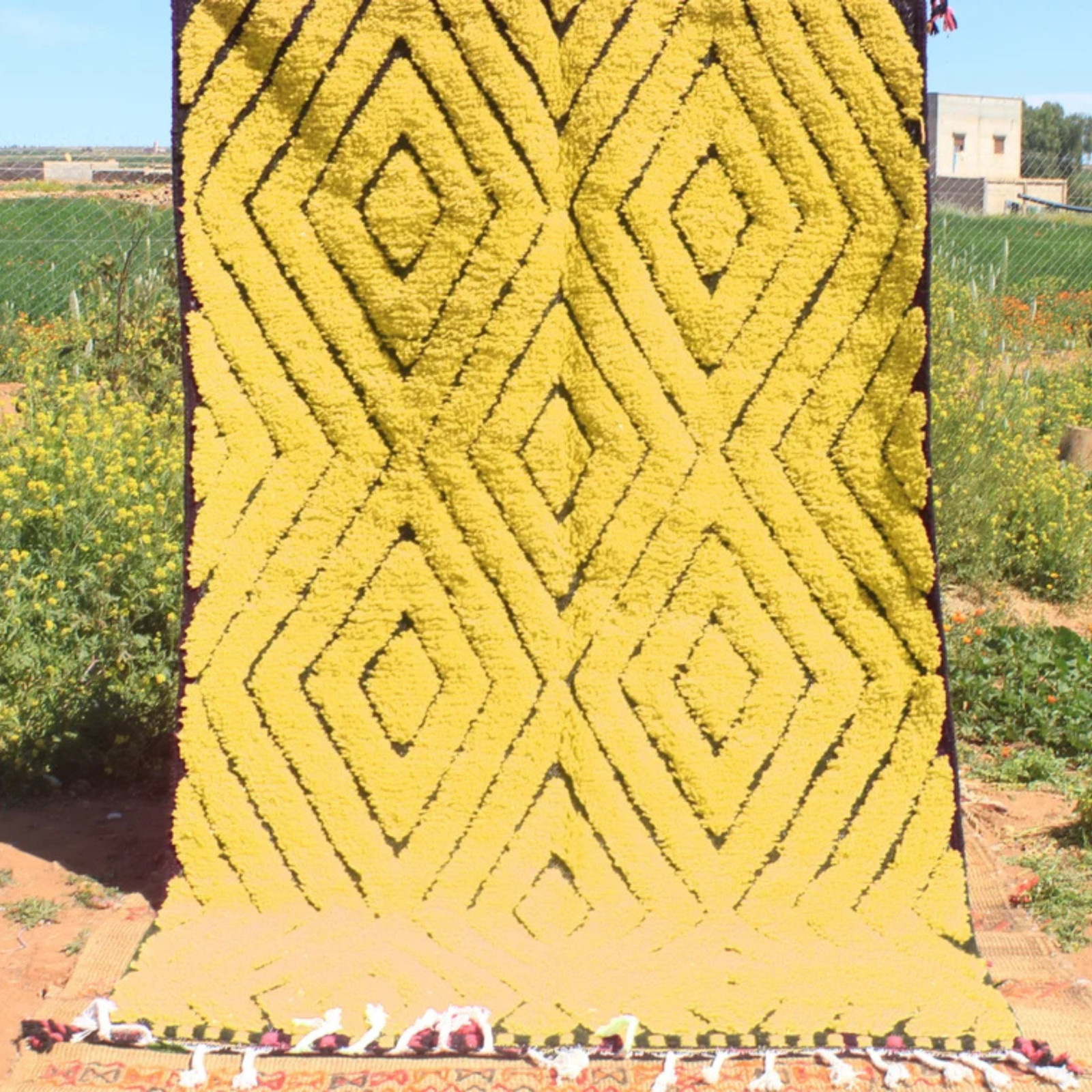 Hand-woven Moroccan Yellow Wool Rug – Geometric Berber Style Area Carpet