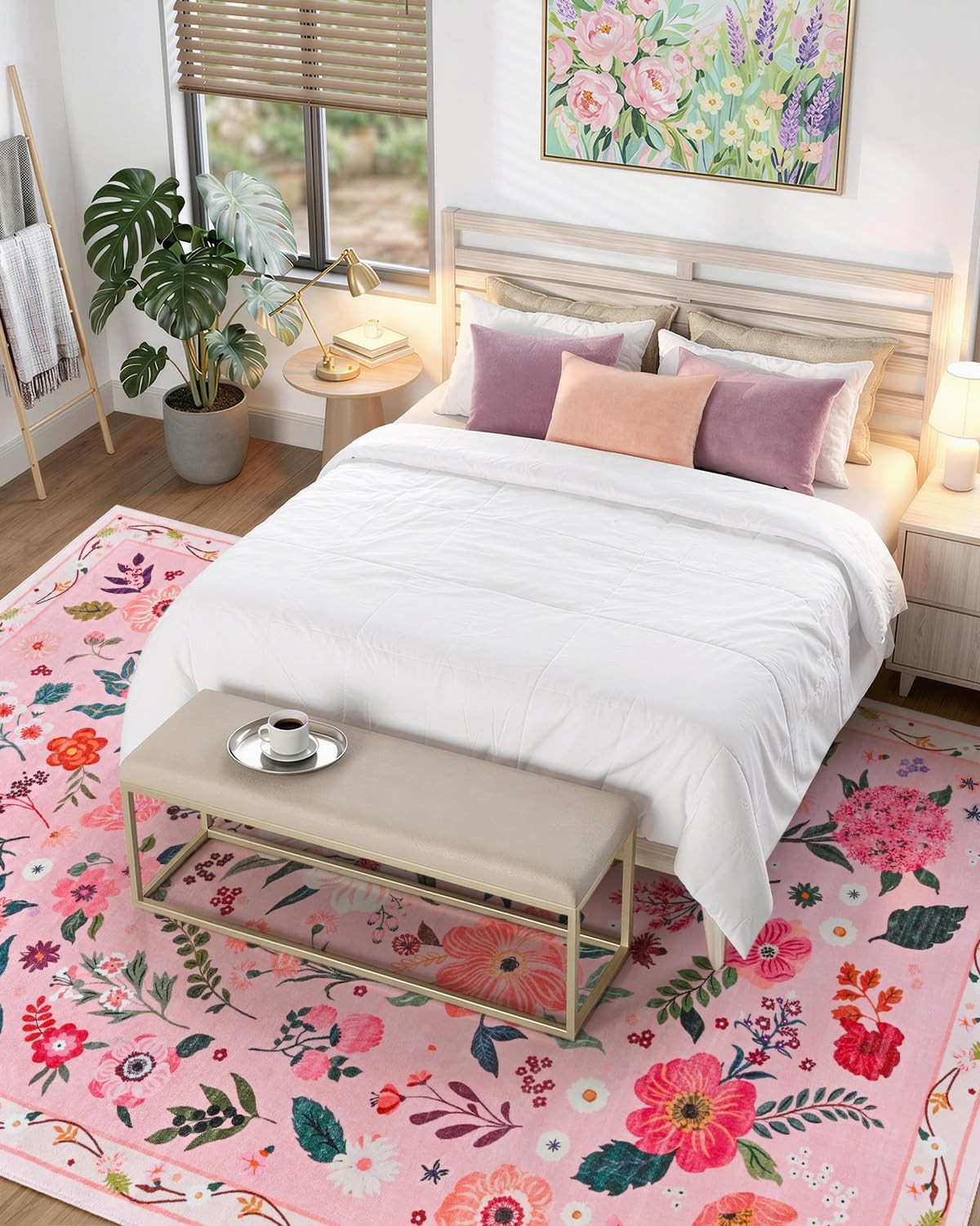 New Macgace 5×7 Pink Floral Rug for Living Room, Machine Washable Area Rugs with