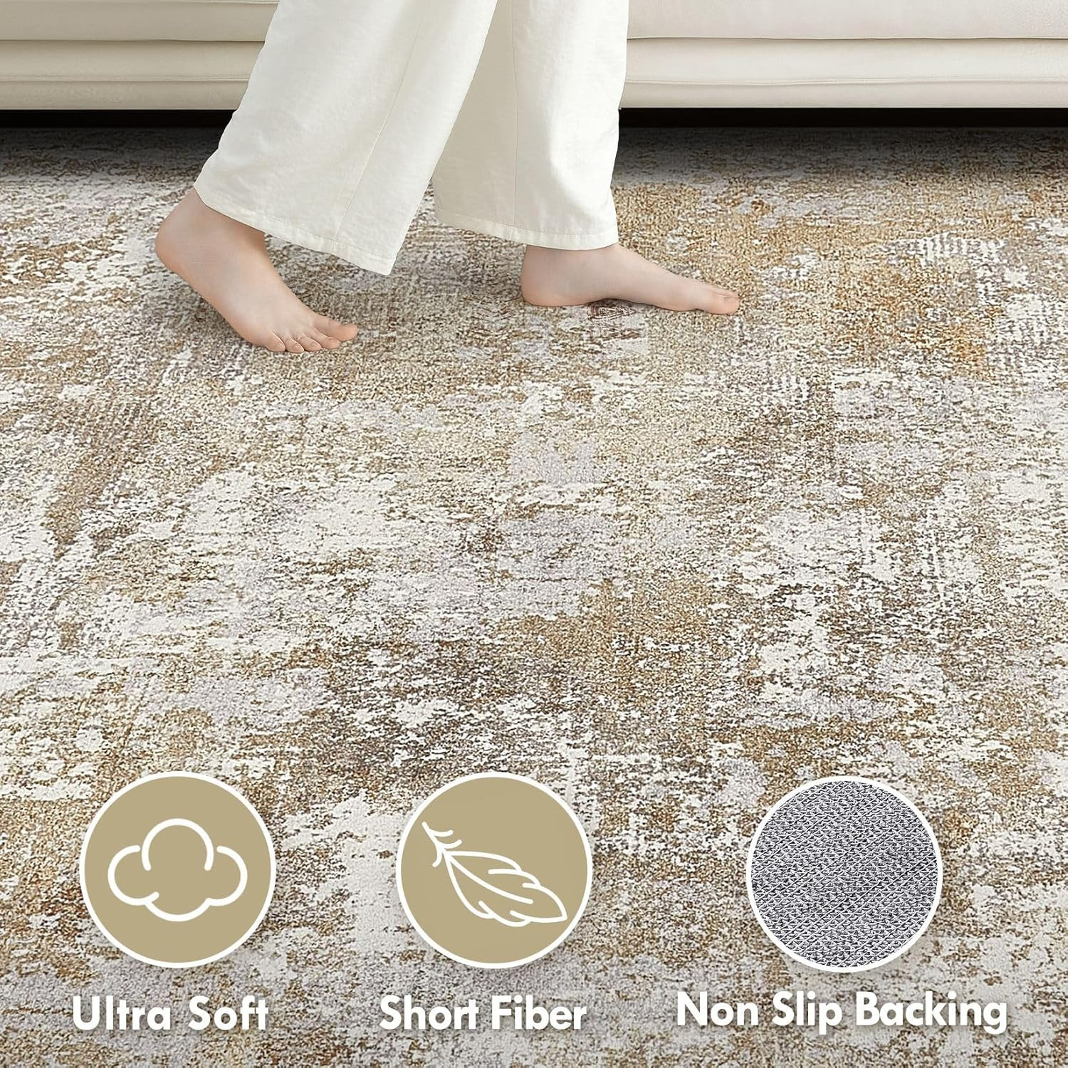 Washable 9X12 Area Rug for Living Room: Modern Abstract Neutral Large Soft Thin