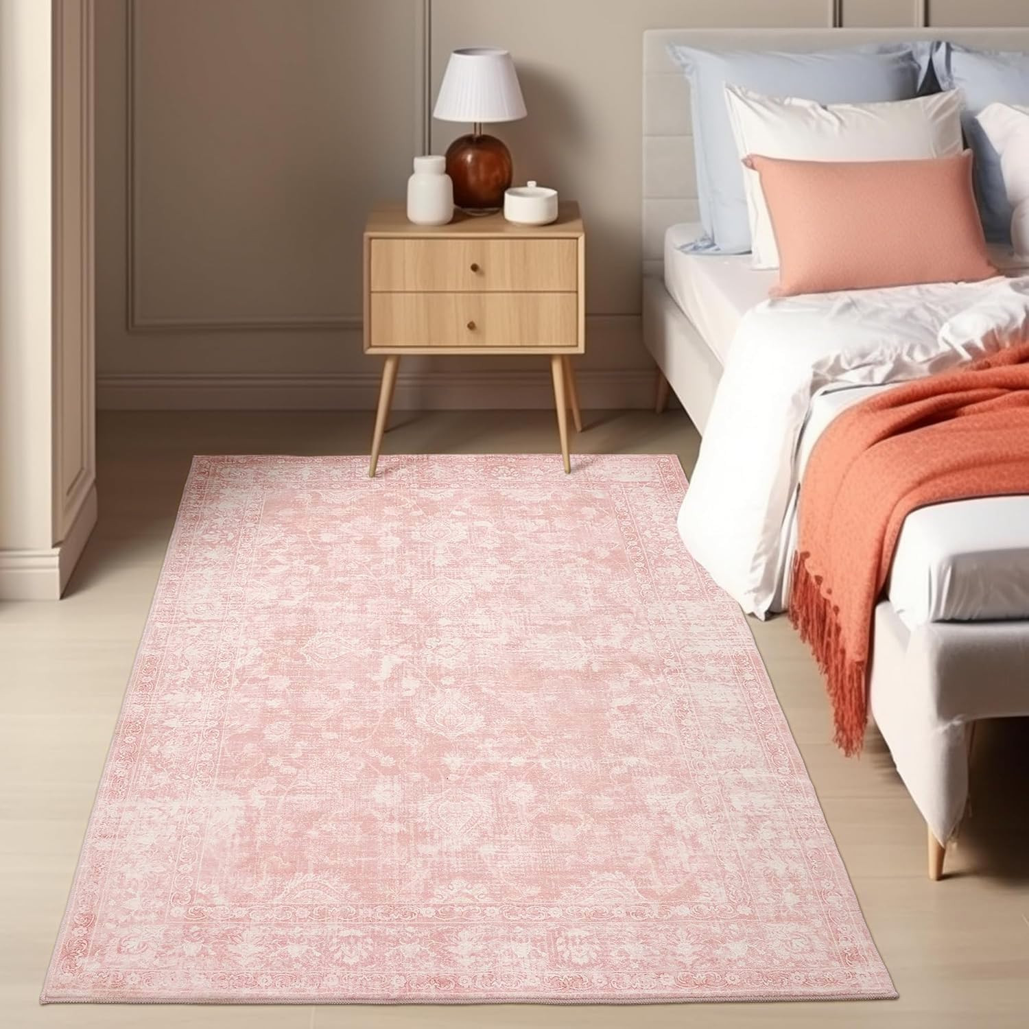 3X5 Pink Washable Rug – Vintage Floral Low Pile Area Rug for Bedroom, Girls Room