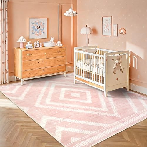 Boho Pink Washable Area Rugs 5x7ft for Living Room, Soft Bedroom Nursery Rugs