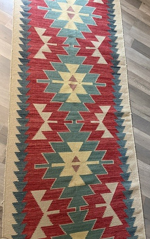 Vintage Kilim Wool Jute Southwestern Aztec Design Flatweave Rug Runner