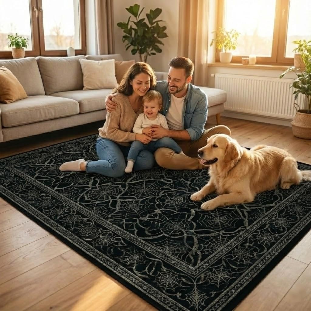 Gothic Black Spider Web 5×7 Area Rug – Machine Washable, Non-Slip, Lightweight