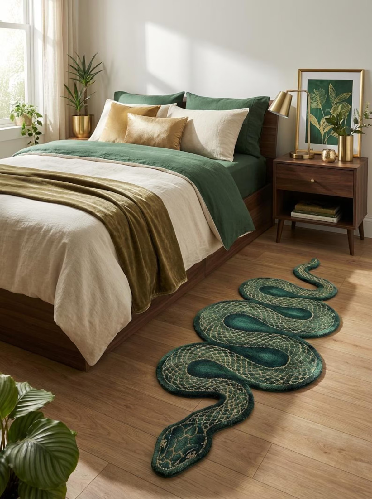 Hand Tufted Snake Rug, Green Serpent Runner Carpet, Animal Shape Statement Rug,