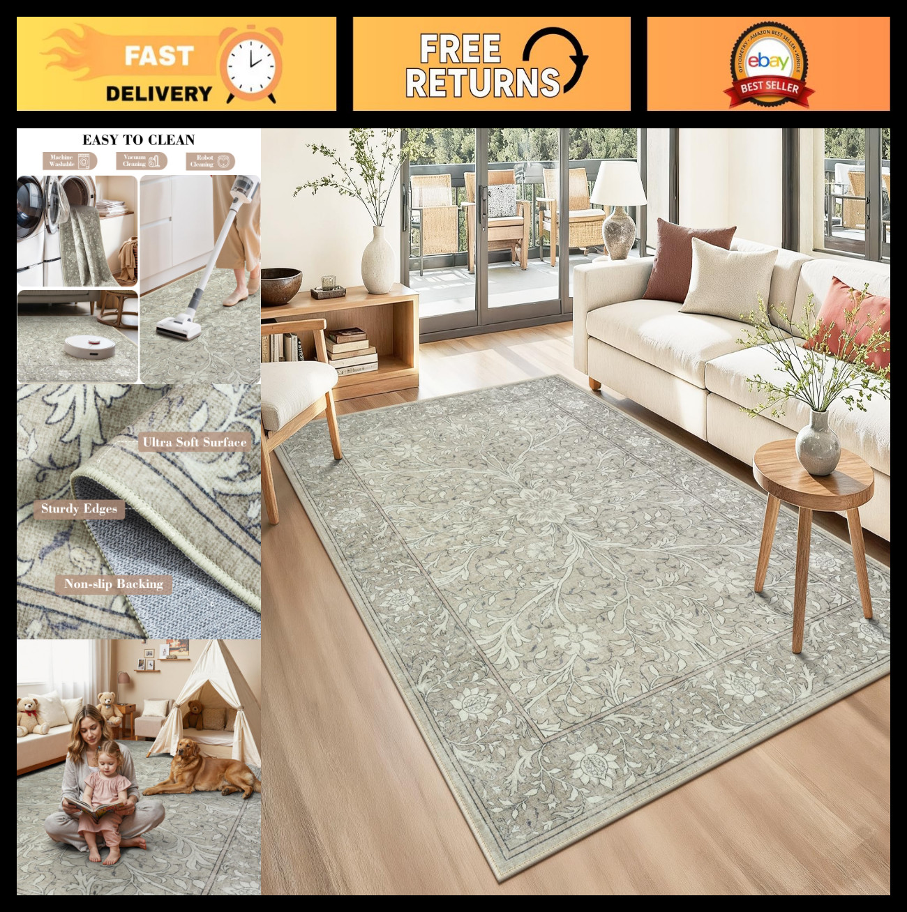 Alfombra lavable 5×7 pies, floral vintage antideslizante para sala y comedor