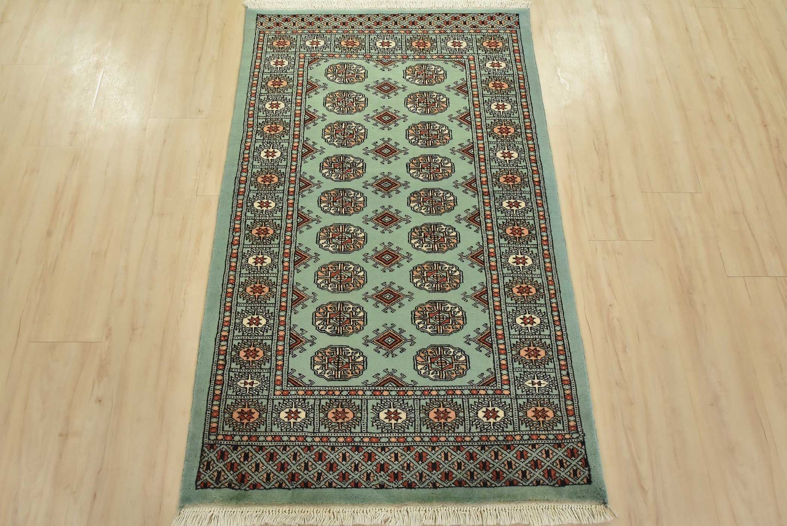 Bokhara Rug 3’2” x 5’2” Green Wool Tribal Hand-Knotted Oriental Carpet