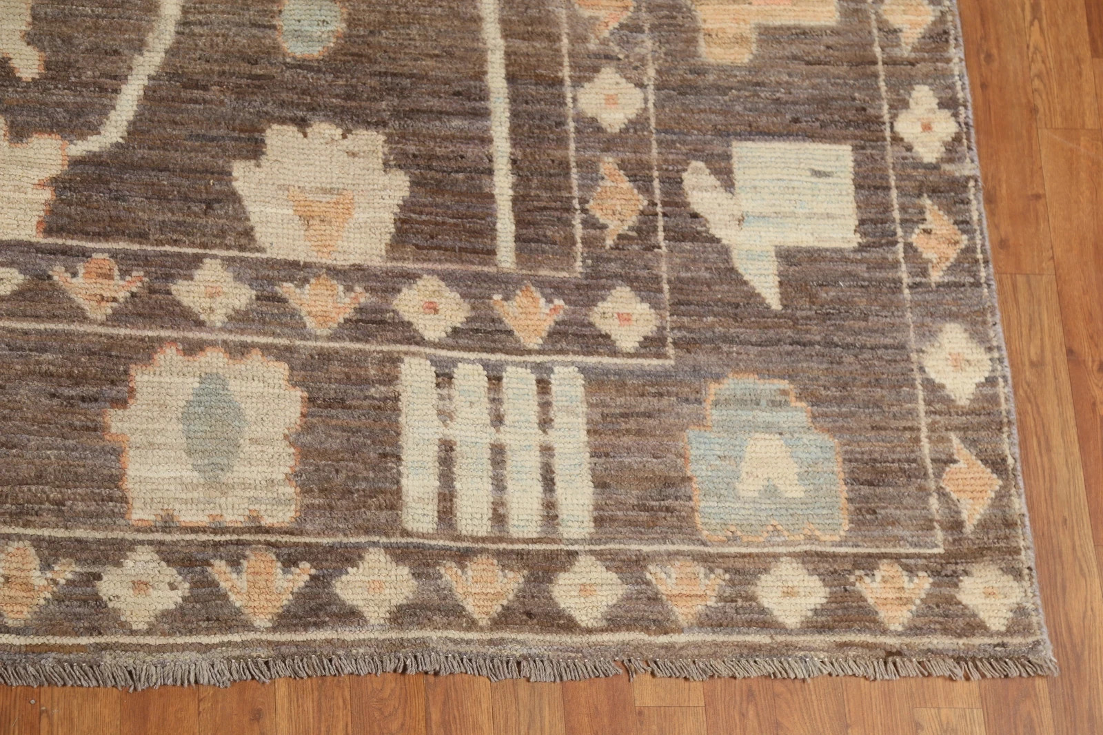 Hand Knotted Oushak Rug Brown Blue Wool Area Rug Tribal Geometric Turkish