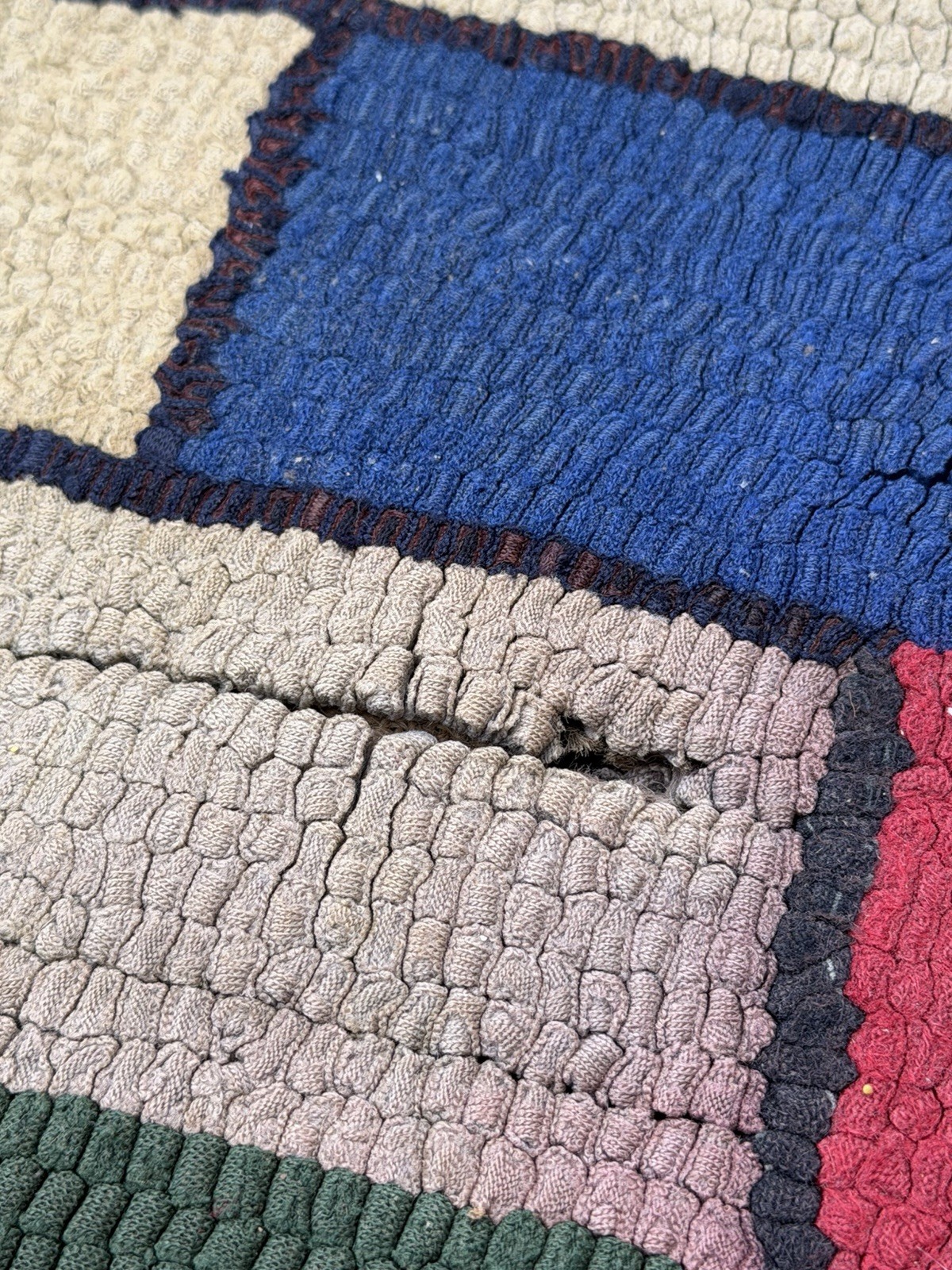 Antique American Hooked Run. Multi Color Geometric Brick Pattern.